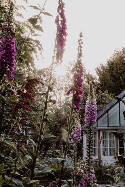A charming cottage garden featuring a stone-built house with a steep pitched roof, small dormer windows painted in green, and brick chimneys. In the foreground, there are well-maintained flower beds w
